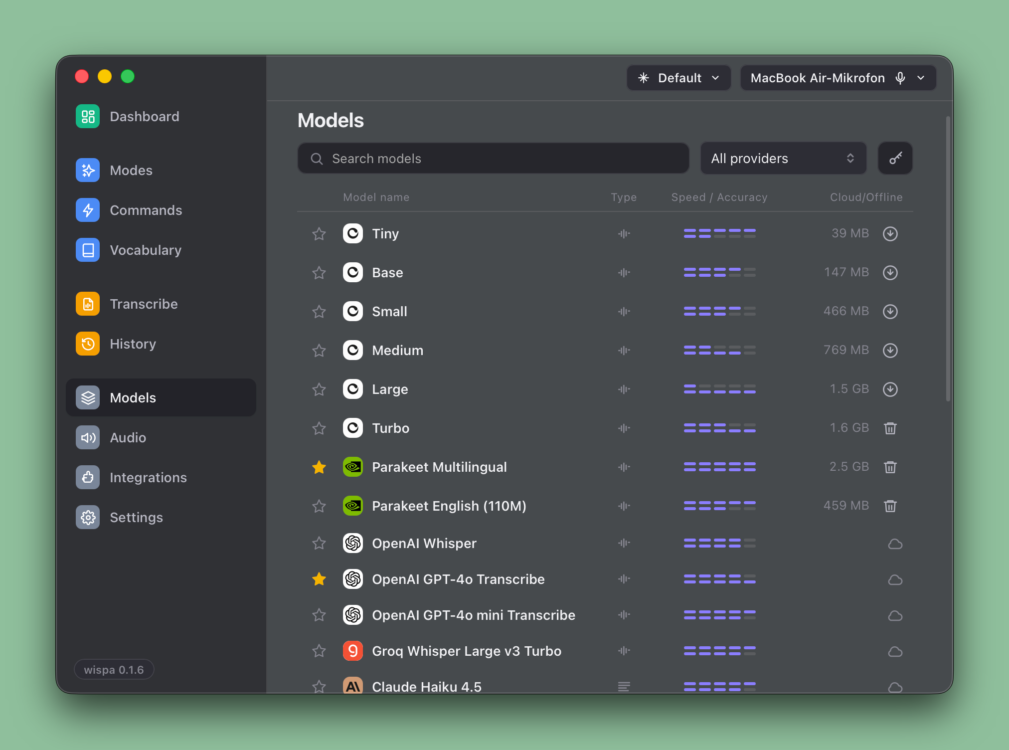 La bibliothèque de modèles de wispa : modèles Whisper et Parakeet en local, modèles cloud en option